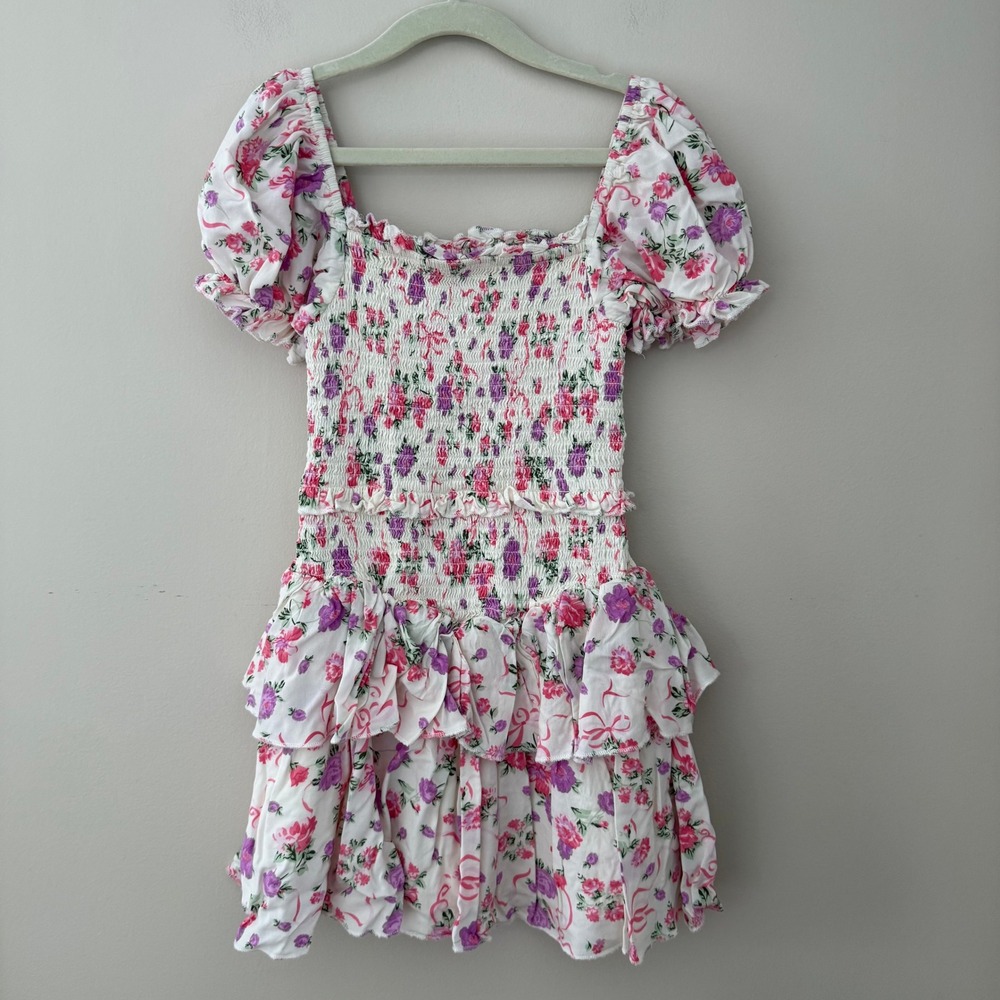 KATEJ NYC Lainey Dress XL Floral Smocked Puff Sleeve Tiered Ruffle Mini White
